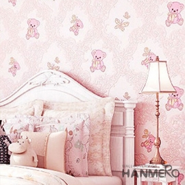 菡美洛粉色墙纸粉小女孩儿童房间小熊壁纸公主房婚房新房韩式浪漫壁纸